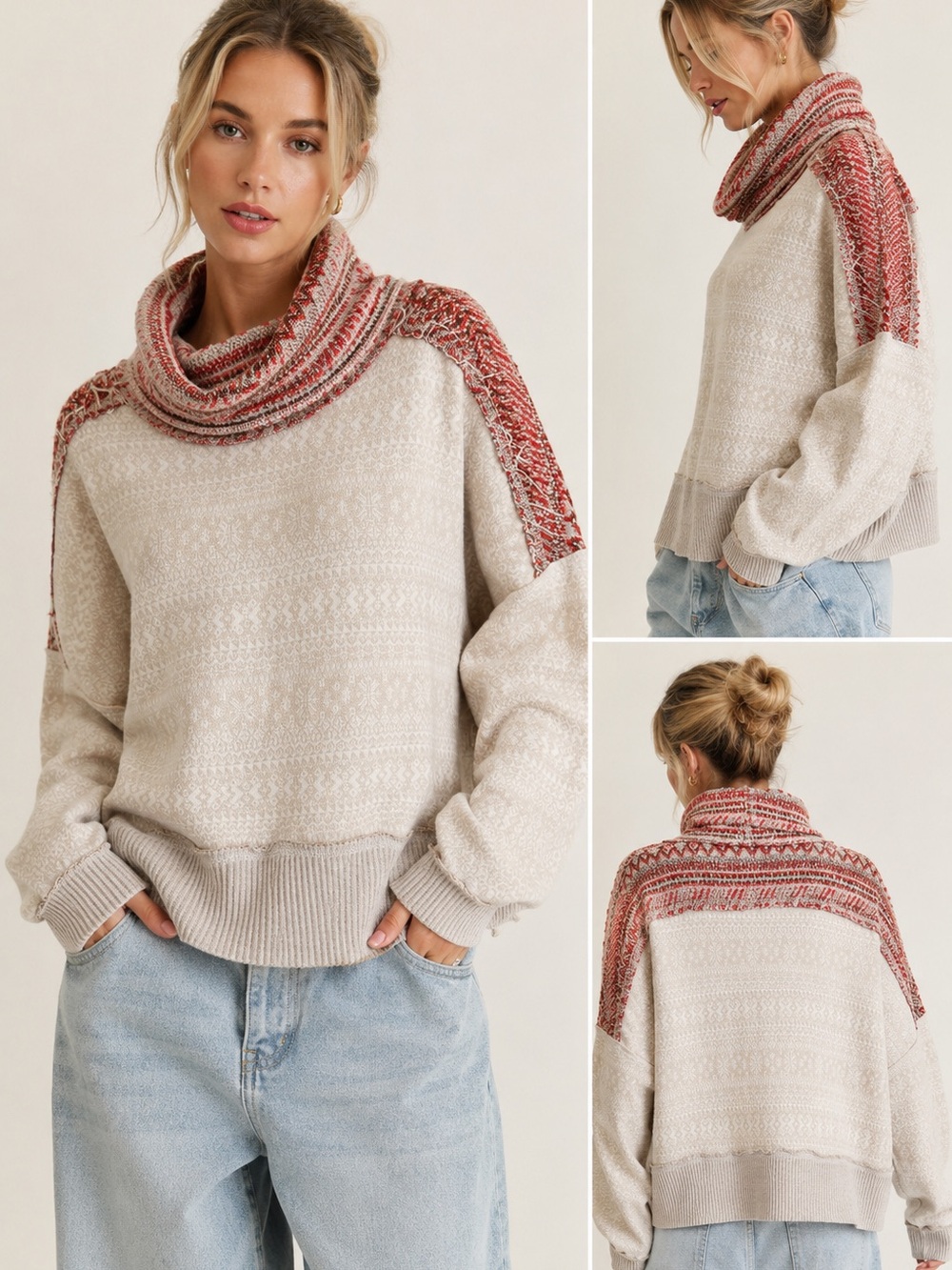 Free People Cream Cowl Neck Sweater with Rust Trim